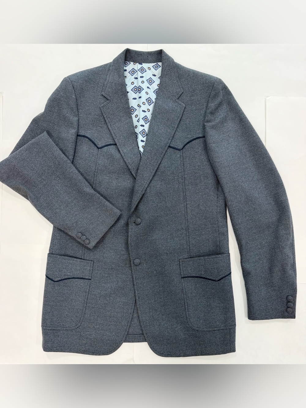 VNTG 70s 80s Prestige West Wool Western Cowboy Yoke Blue Grey Micro Blazer *44L
